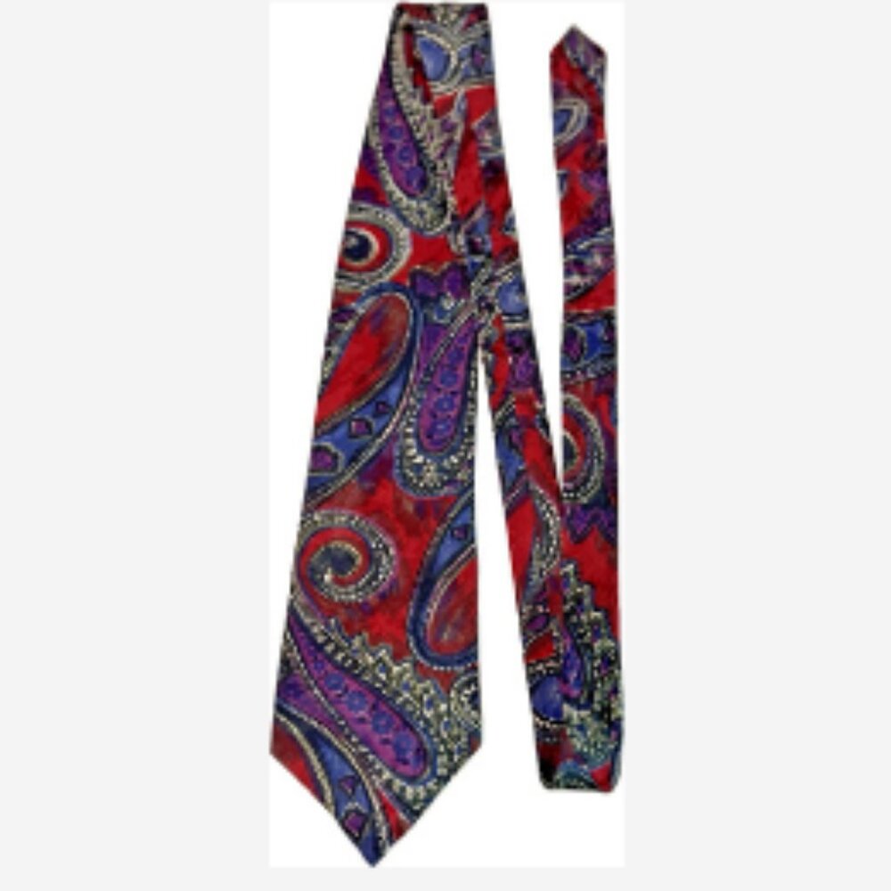 Oscar de la Renta Neckware Tie Classic Cut 100% Silk Paisley Red Purple Blue USA